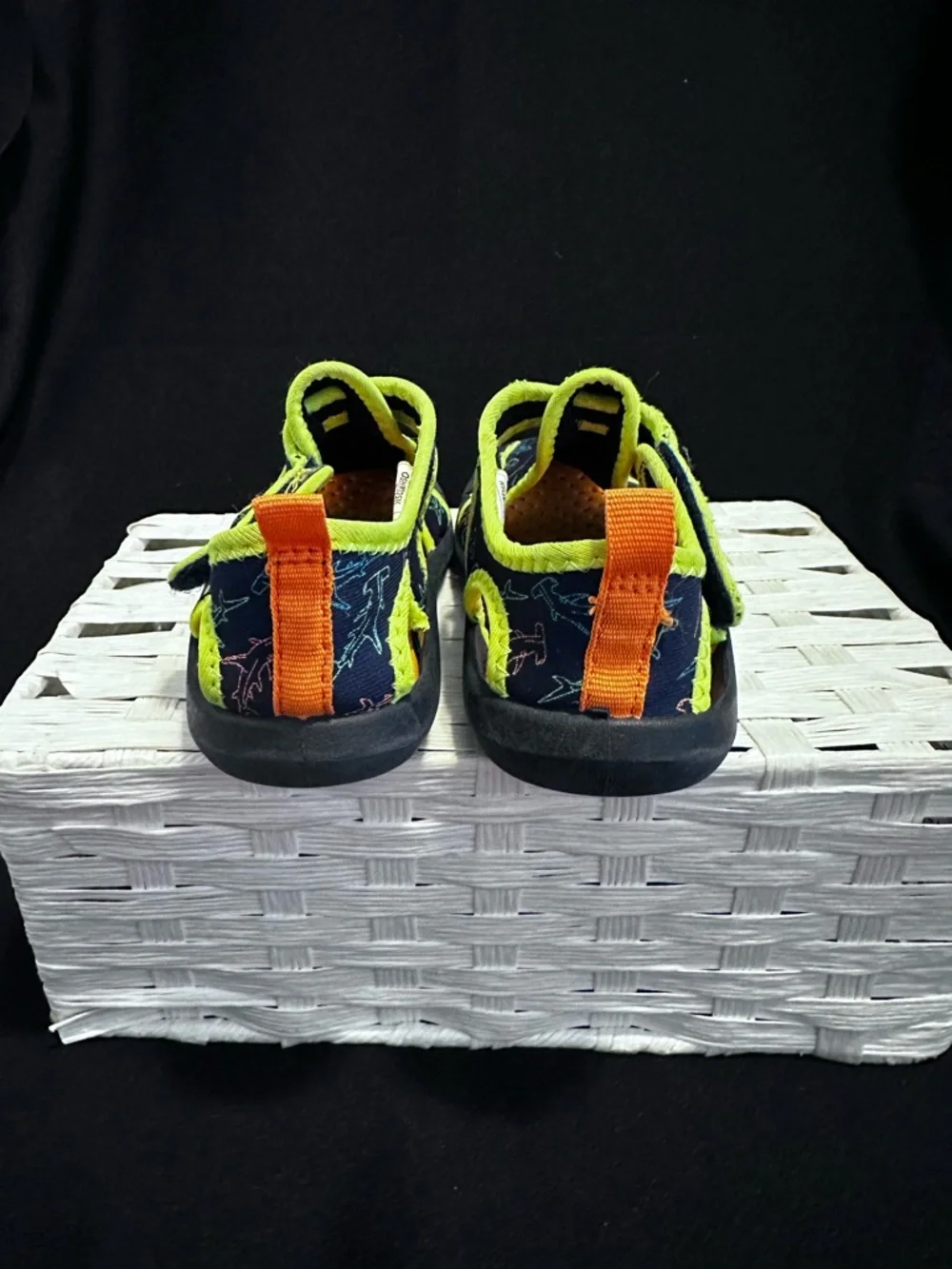 OshKosh B'gosh Navy Shark Print Water Sandals with Neon Yellow Trim Boys Sz. 11